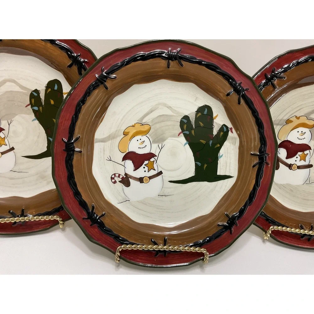 Sonoma‎ Happy Trails Holiday Cowboy Snowman Dinner Plates Set of 3 Western 8.5
